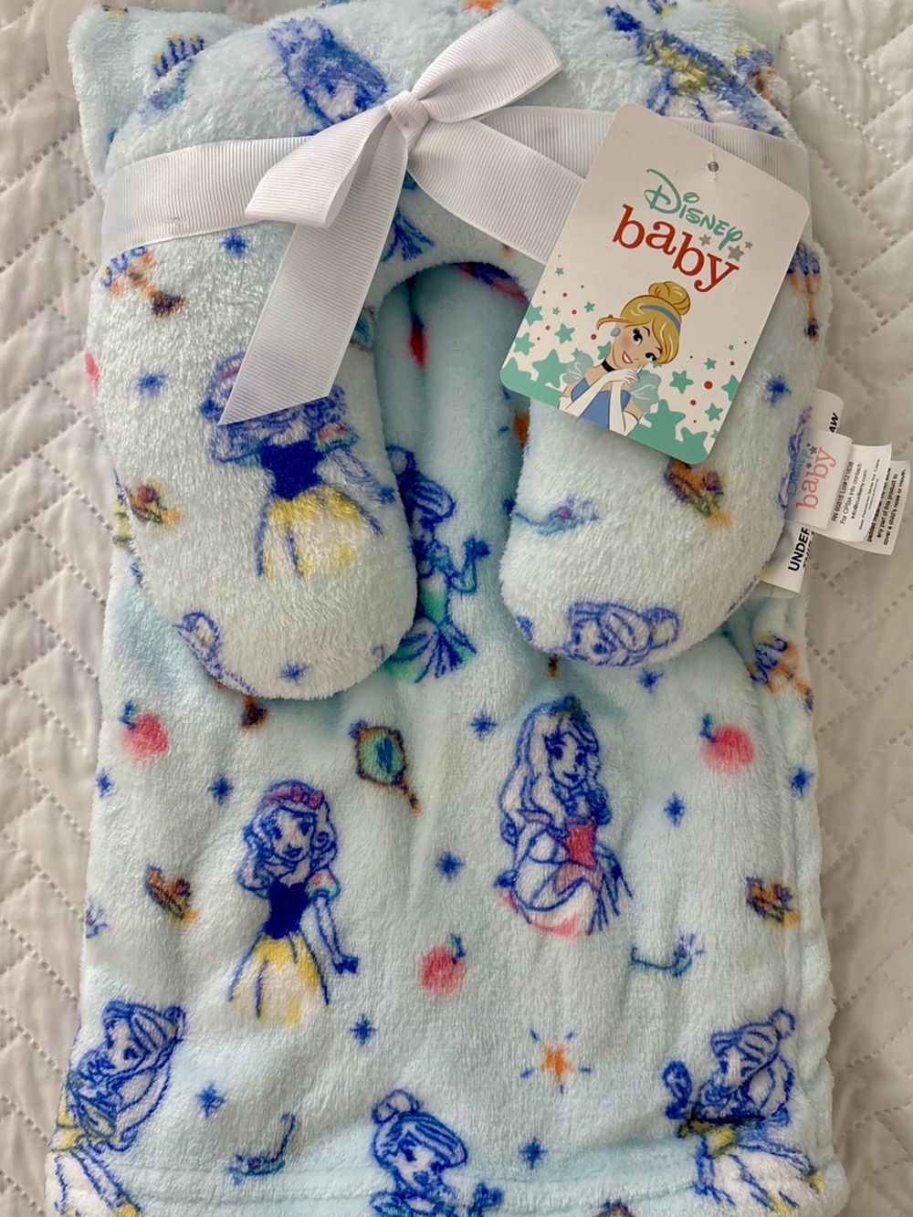 Disney Light Blue Princess Plush Baby Blanket and Headrest 30”x36”